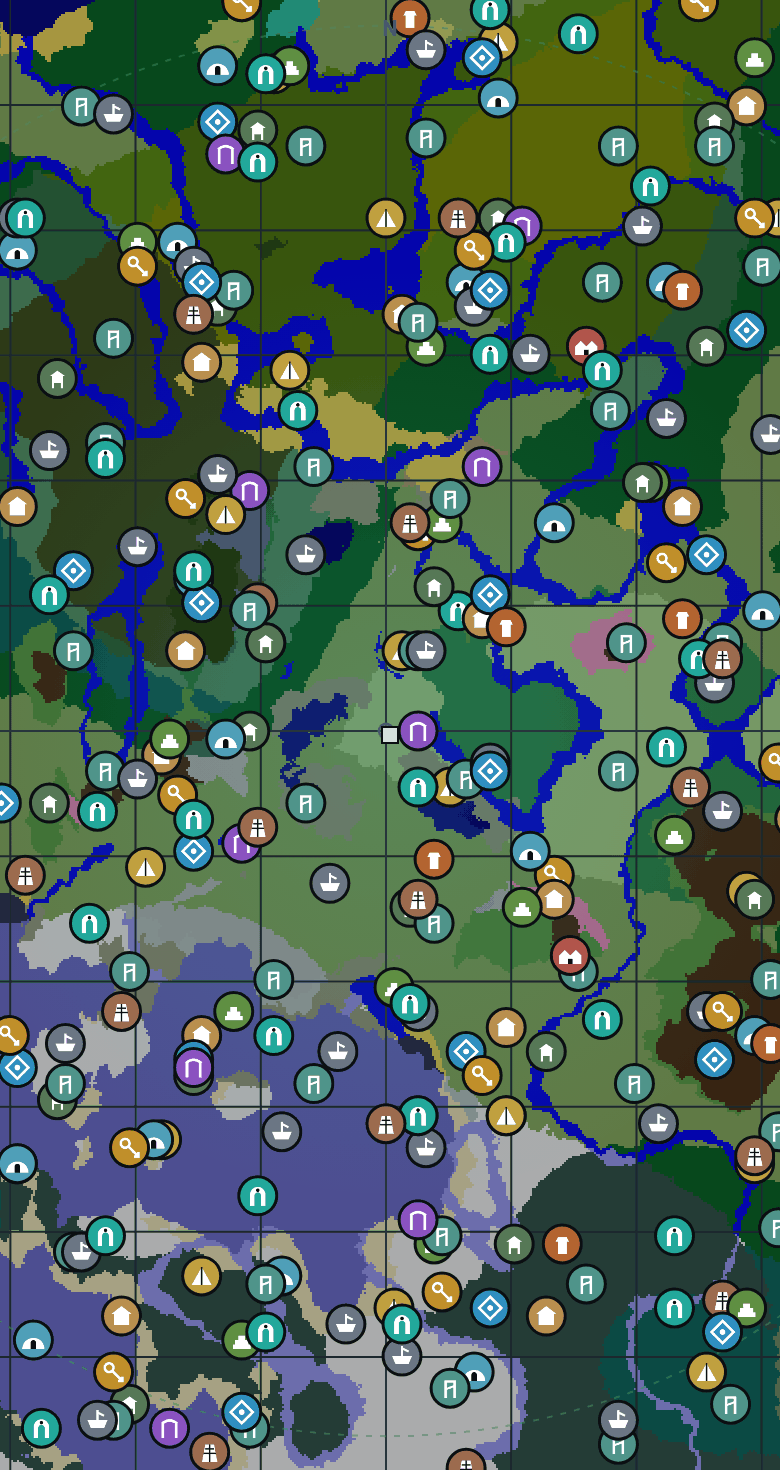 In-app map: Java Overworld biome terrain with structure markers.