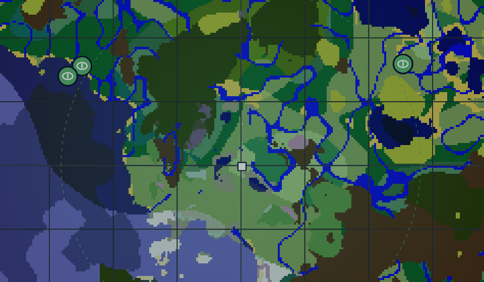 In-app map: Java Overworld biome terrain with stronghold rings.
